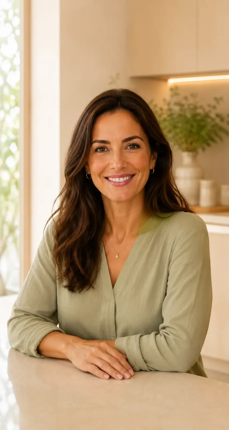 Nutricionista sentada num ambiente acolhedor e iluminado naturalmente, sorrindo para a câmara durante uma consulta de reeducação alimentar.